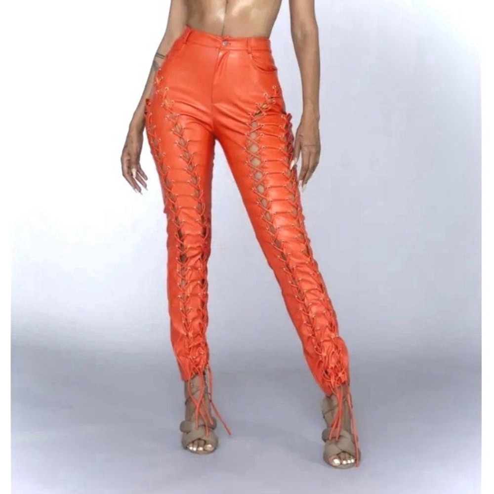 Missguided AAZHIA x MG Lace Up PU Trousers Orange Red Faux Leather Pants US 2